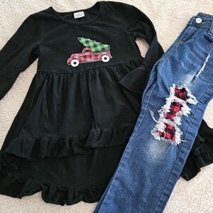 Black Ruffle Dress and Distressed Jeans Set